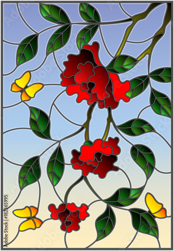 illustration-in-stained-glass-style-with-flowers-leaves-of-rose-and-butterflies-on-the-sky-background