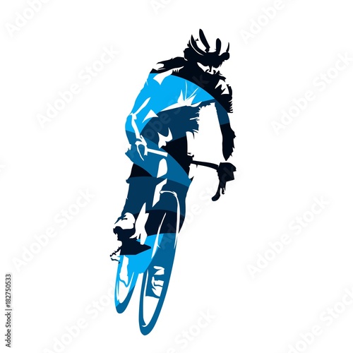 Obraz na płótnie Road cycling, cyclist riding bike, abstract blue vector silhouette, front view