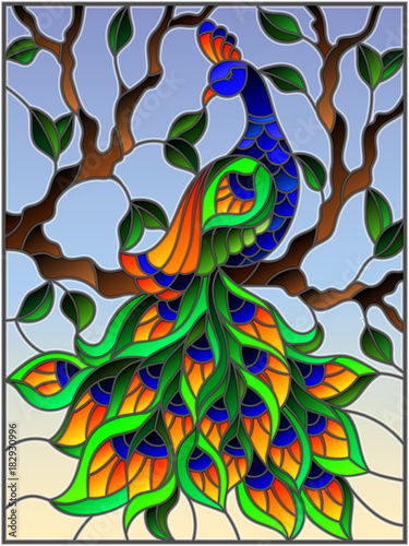 ilustracja-w-witrazu-stylowym-ptasim-pawia-i-galaz-na-tle-niebieskie-niebo