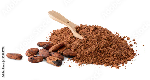 Cocoa beans and heap of Cocoa powder isolated on a white background. Macro with full dept of field © interpas