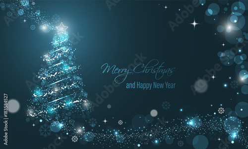Iluminated Christmas tree with glitter, stars, snowflakes and transparent circles on a blue winter glowing vector background.