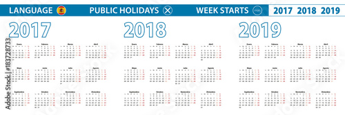 Simple calendar template in Spanish for 2017, 2018, 2019 years. Week starts from Monday.