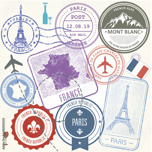 Travel stamps set - France and Paris journey symbols