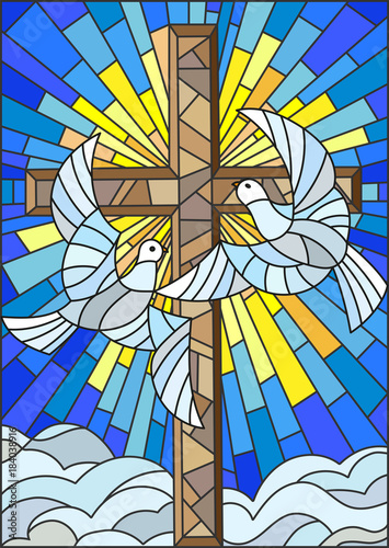 illustration-with-a-cross-and-a-pair-of-white-doves-in-the-stained-glass-style