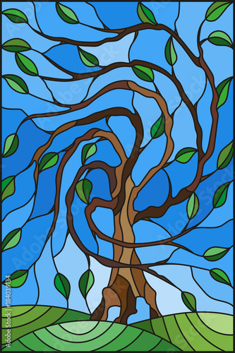 illustration-in-stained-glass-style-with-tree-on-sky-background