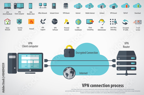VPN concept - Virtual Private Network background with 24 VPN editable vector icons for video, mobile apps, Web sites and print projects.