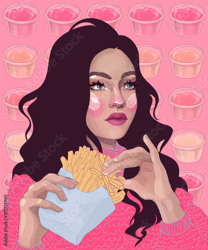 Vector Beautiful Brunette Girl Eating A French Fries And Can Not Choose A Sauce To It Vector Beautiful Brunette Girl Eating A French Fries And Can Not Choose A Sauce To It