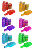 many different bottles, painted dot painted on isolated background. 
