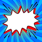 Pop art styled speech bubble template for your design. Clear blank empty speech bubble. Message cloud colorful background sticker. Super blue space back. Comics bang shape with copy space