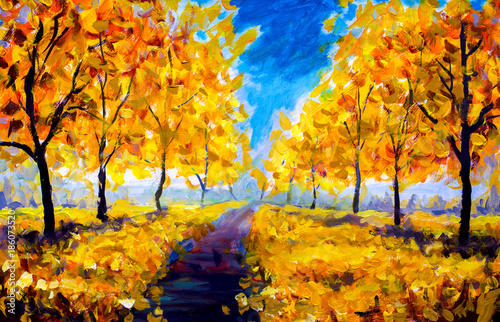 peinture-a-l-39-huile-automne-feuillage-jaune-parc-arbres-de-l-39-automne-ciel-bleu