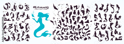 Set: ink sketch collection of mermaids and siren creator, isolated on white. Hand drawn realistic sketch of singing, sitting, floating, dancing... mermaid and sea life. Vector illustration. © Gluiki