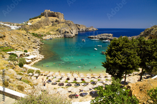 panoramic view of Lindos bay, Rhodes island, Greece © larcobasso