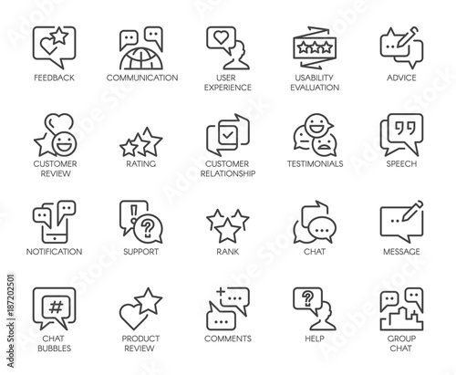 Review line icons. Big set of 20 outline pictograms isolated on white. Comments or message chat bubbles, usability evaluation, communication, rating and other symbols. Graphic signs. Vector labels