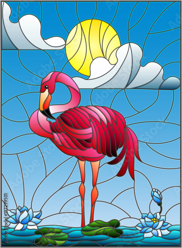 ilustracja-w-stylu-witrazu-z-flamingo-kwiaty-lotosu-i-trzciny-na-staw-w-sloncu-niebo-i-chmury
