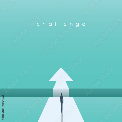 Business challenge concept with businessman walking towards gap. Symbol of success, opportunity, overcoming, ambition and courage.