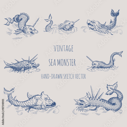 Mythological vintage sea monster. Fragment of old pirate map. Hand drawn vector sketch. © Shalyapina