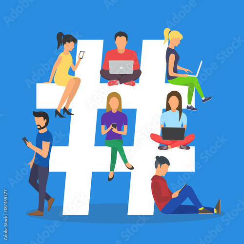 Concept illustration of young people using mobile tablet .