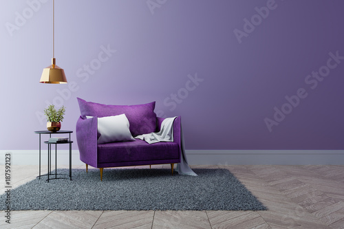 Luxury modern interior of living room ,Ultraviolet home decor concept ,purple sofa and black table with gold lamp on light purple wall and woodfloor ,3d render © LEKSTOCK 3D