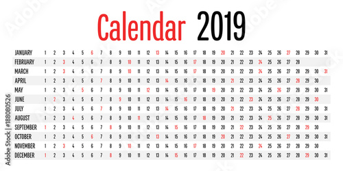 2019 Calendar Planner Design Template Vector Illustration Simple Clear Indicate Sunday with Red