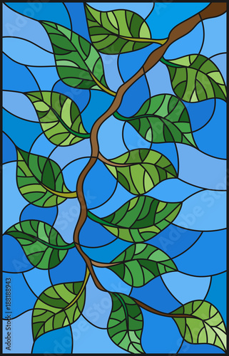 illustration-in-stained-glass-style-plant-branch-with-leaves-on-a-sky-background