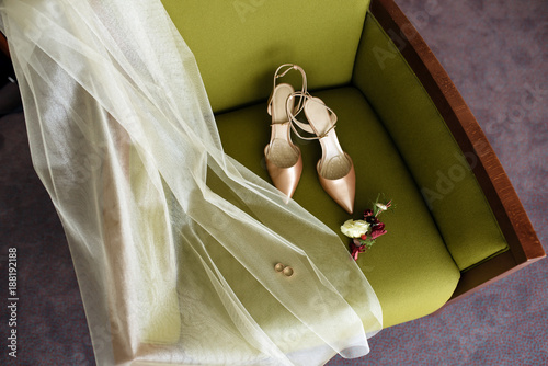 Wedding details. Morning of the bride. Shoes, rings, jewelry. Wedding in rustic style © dmitry_dmg