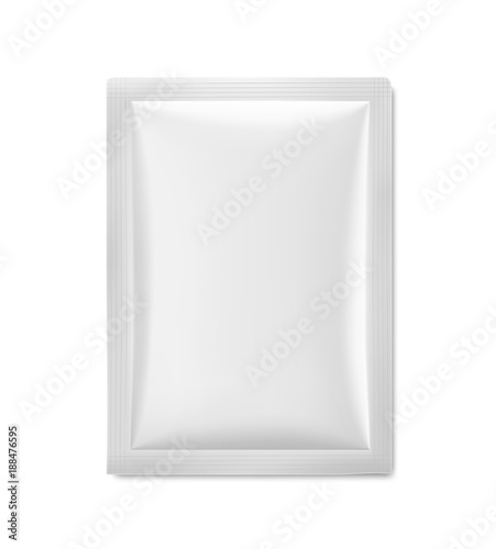 Universal mockup of white blank sachet. Vector illustration isolated on white background, ready and simple to use for your design. The mock-up will make the presentation look realistic possible.