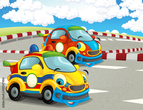 lustige-und-gluckliche-schauende-laufende-autos-der-karikatur-auf-rennstrecke-illustration-fur-kinder