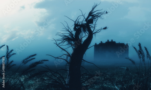 beangstigendes-verlassenes-geisterhaus-gruselige-tote-baum-nacht