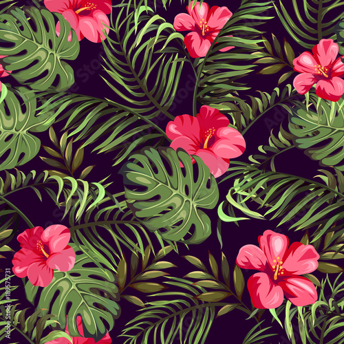 Seamless pattern with exotic flowers and leaves. Tropical Plants  © Hmarka