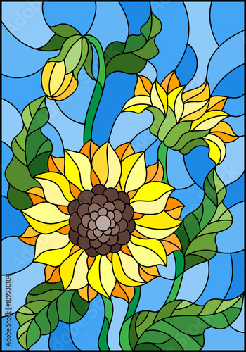 illustration-in-stained-glass-style-with-a-bouquet-of-sunflowers-flowers-buds-and-leaves-of-the-flower-on-blue-background