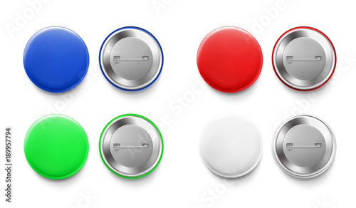 Set of colorful mockups of white badges. Vector realistic illustration on white background, ready and simple to use for your design.