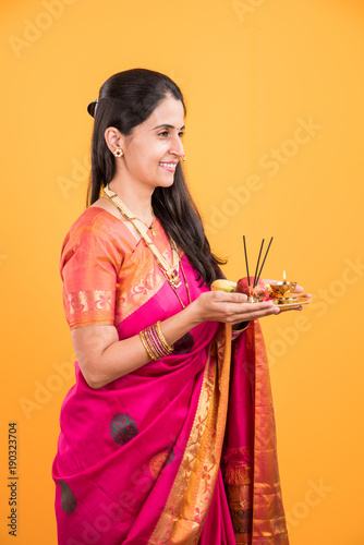 Indian Woman Performing Puja Indian Girl With Pooja Thali Or Puja Thali Portrait Of Indian Woman Performing Puja Indian Girl With Pooja Thali Or Puja Thali Portrait Of