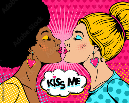 Wow Female Couple Two Sexy Blonde And Afro Women In Profile Stretch To Each Other For Kiss And Kiss Me Speech Bubble Vector Background In Retro Pop Art Wow Female Couple Two Sexy Blonde And Afro Women In Profile Stretch To Each Other For Kiss And Kiss Me Speech Bubble Vector Background In Retro Pop Art