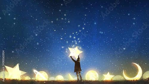 beautiful scenery showing the young boy standing among glowing planets and holding the star up in the night sky, digital art style, illustration painting
