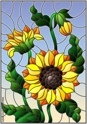 illustration-in-stained-glass-style-with-a-bouquet-of-sunflowers-flowers-buds-and-leaves-of-the-flower-on-sky-background