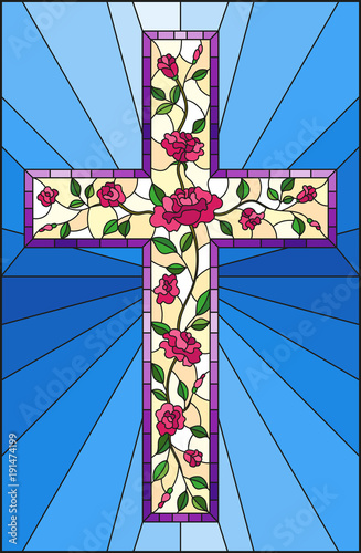 illustration-in-stained-glass-style-with-christian-cross-decorated-with-pink-roses-on-blue-background