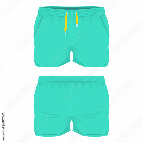 Men's green sport shorts. Front and back views on white background