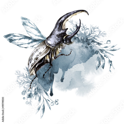 akwarela-nosorozec-beetle-z-rogami-na-tle-kwiatow-zwierzeta-owady-magiczny-lot-moga-byc-drukowane-na-t-shirtach-torbach-plakatach-zaproszeniach-kartach-futerale-na-telefon-poduszki