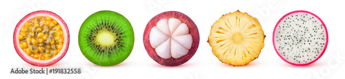 Isolated tropical fruits slices. Fresh exotic fruits cut in half (maracuya, kiwi, mangosteen, pineapple, dragonfruit) in a row isolated on white background with clipping path © Anna Kucherova