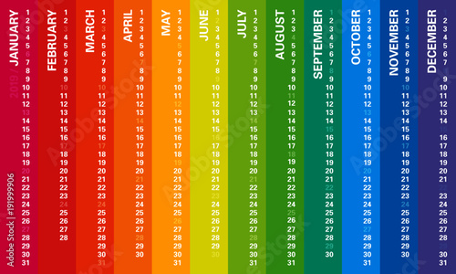 Creative wall calendar 2019 with vertical rainbow design, sundays selected, english language. Multicolored template for web, business, print, postcard, wall, bookmark and banner.