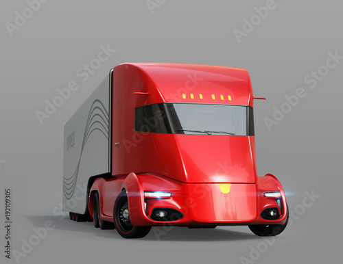 metallischer-roter-selbstfahrender-elektrischer-halb-lkw-getrennt-auf-grauem-hintergrund-bild-der-wiedergabe-3d