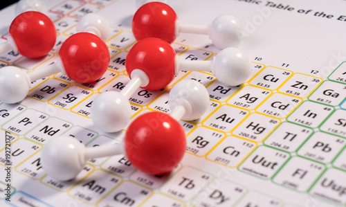 Chemistry model atom of molecule water scientific elements on periodic table of the elements. Chemistry conceptual plastic model for education.