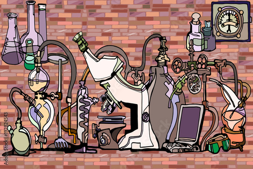 modele-sans-couture-de-vecteur-avec-des-elements-de-croquis-lies-a-la-science-ou-a-l-39-education-physique-ou-chimie-abstrait-avec-des-parties-d-39-outils-de-laboratoire-decoratif-et-equipement-contre-le-mur-de-briques-dessine-a-la-main