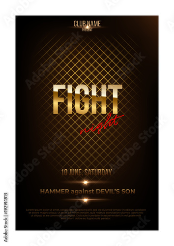 Fight night poster template. Vector golden words on dark background.
