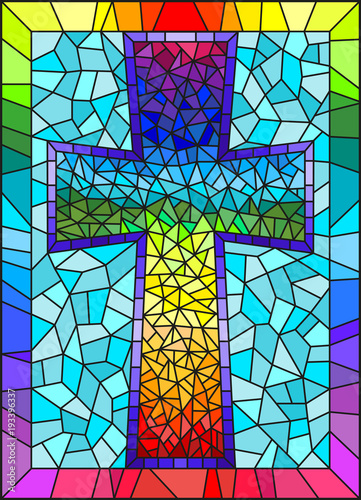 the-illustration-in-stained-glass-style-painting-on-religious-themes-stained-glass-window-in-the-shape-of-a-rainbow-christian-cross-on-a-blue-background-with-rainbow-frame