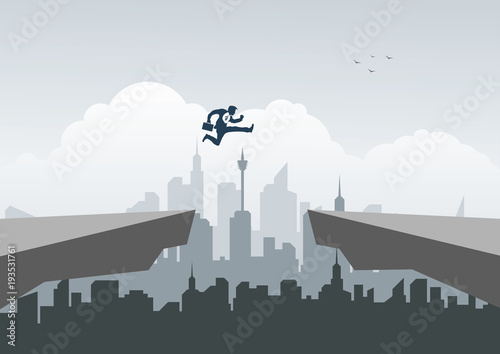 Businessman jumping over chasm vector concept. Symbol of business success, challenge, risk, courage. vector illustration.