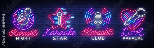 Karaoke set of neon signs. Collection is a light logo, a symbol, a light banner. Advertising bright night karaoke bar, party, disco bar, night club. Live music. Design template. Vector illustration