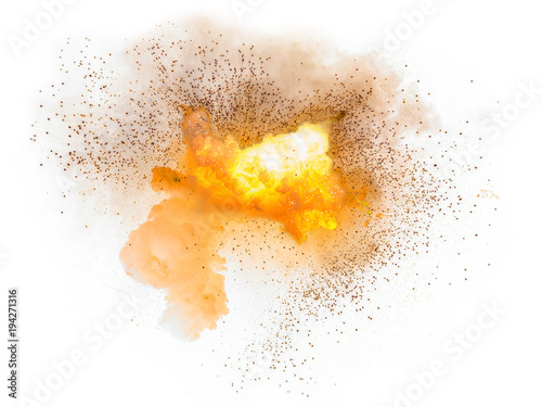 Realistic fiery explosion with sparks over a white background © michalz86
