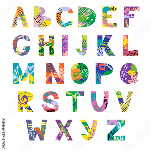 Vector hand drawn latin artistic alphabet. Doodle fancy abc. Colorful ...