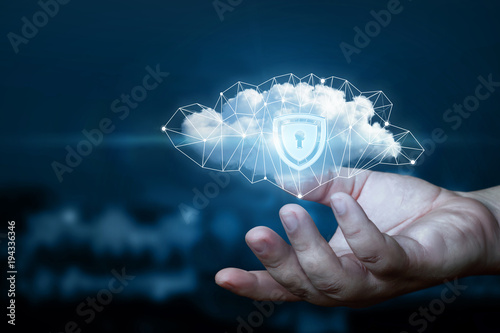 Hand shows a data cloud with a protective shield. © natali_mis